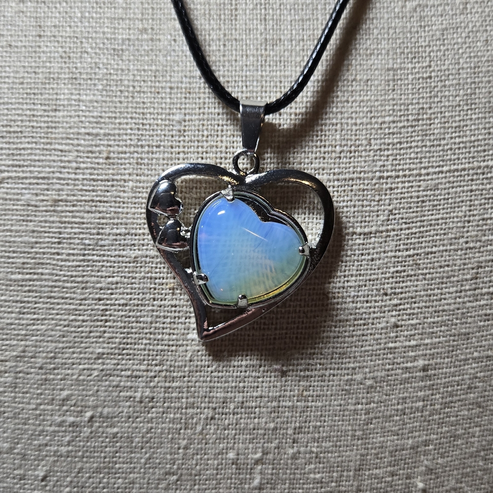 Heart-Shaped Within A Heart Moonstone Pendant On Black Cording Necklace TB75
